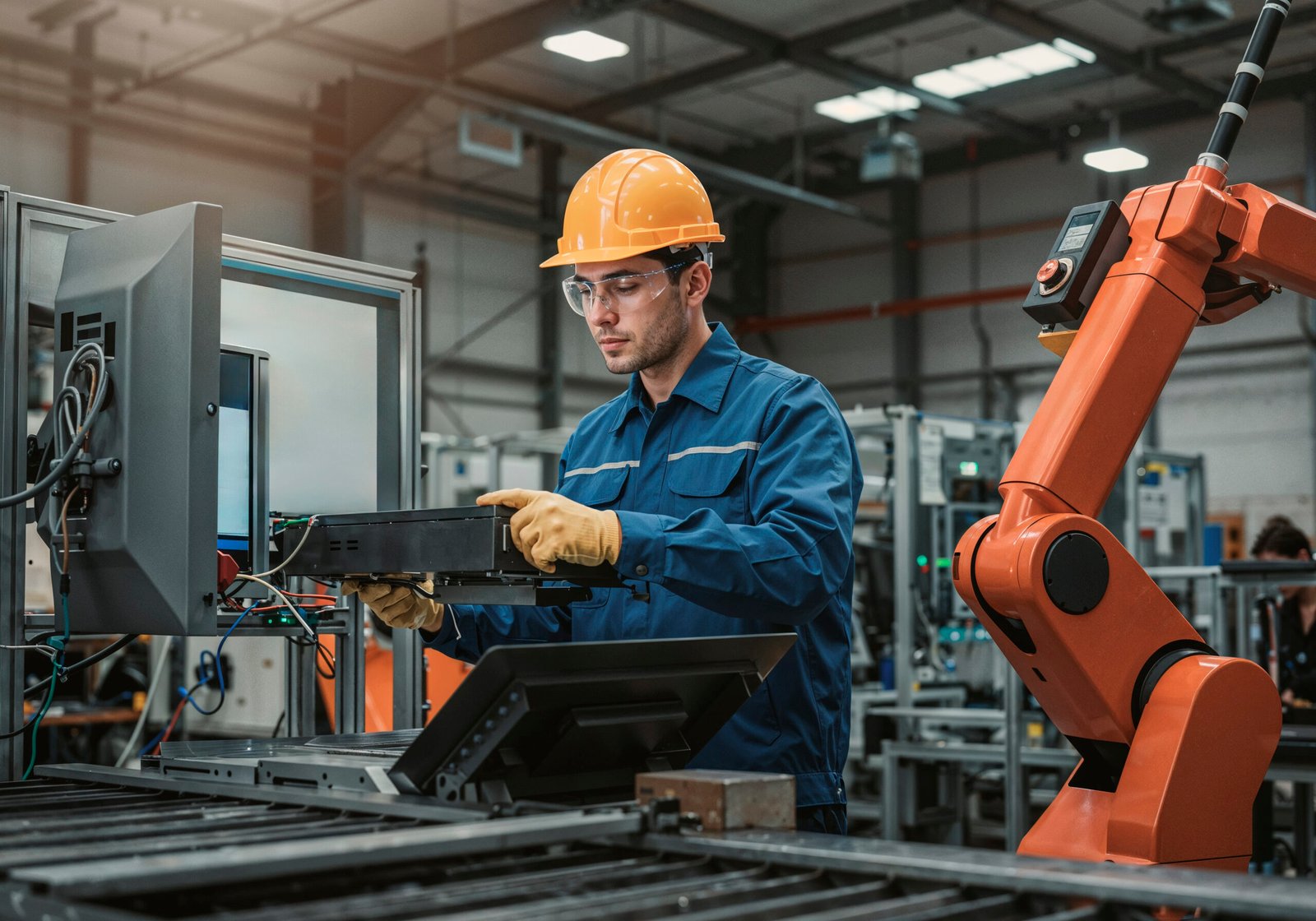 ingeniero trabajando con un robot en una instalacion industrial moderna(1)
